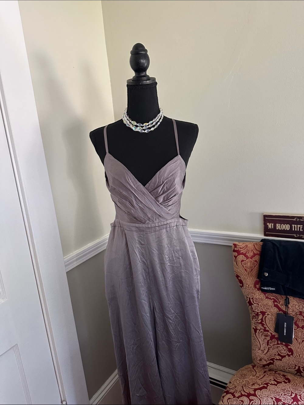 FAME AND PARTNERS The Armelle Wide Leg Shimmery Silver JUMPSUIT MID GREY(Z) - Picture 4 of 14